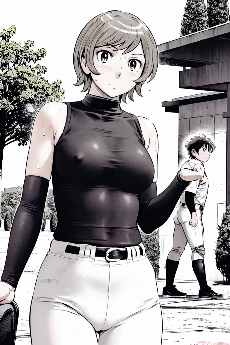 (野球uniform:1.2),
blonde, (short hair:1.2),Long sleeve, Black Shirt, turtleneck,White trousers、uniform、Black belt、((Illustration of people))、Tank top、
View your viewers,, (Highest quality:1.3),One Girl, White pants、uniform、Outdoor、baseball ground、ground、soil、blue eyes、Tight black shirt、(masterpiece、Highest quality)、Highest quality, Ultra-high resolution, (((masterpiece))), alone, Sweat、Big eyes、Large breasts、Torn clothes、 Fully exposed、Nipples、One Girl, Front view、Embarrassed face、Bronze colored hair、((short hair))、Stand up straight、Cowboy Shot