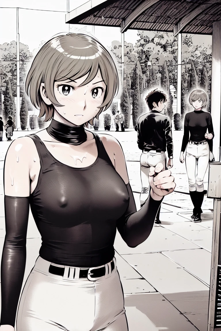 (野球uniform:1.2),
blonde, (short hair:1.2),Long sleeve, Black Shirt, turtleneck,White trousers、uniform、Black belt、((Illustration of people))、Tank top、
View your viewers,, (Highest quality:1.3),One Girl, White pants、uniform、Outdoor、baseball ground、ground、soil、blue eyes、Tight black shirt、(masterpiece、Highest quality)、Highest quality, Ultra-high resolution, (((masterpiece))), alone, Sweat、Big eyes、Large breasts、Torn clothes、 Fully exposed、Nipples、One Girl, Front view、Embarrassed face、Bronze colored hair、((short hair))、Stand up straight、Cowboy Shot
