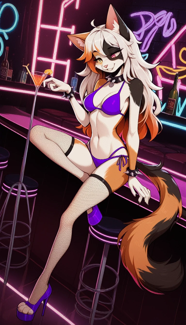 Half-closed eyes, tired expression, 1girl, anthro, furry, fur, fluffy fur, calico cat, cat girl, nightclub background, white hair (Orange highlights), heterochromia eyes, long hair, full body, (19 years), medium breast, thighs, solo, (nightclub), neon lights, detailed, purple bikini, excited smile, fishnet stockings, purple heels, one closed eye, spiked wristband, spiked collar, score_9, score_8_up, score_7_up, score_6_up, score_5_up, score_4_up