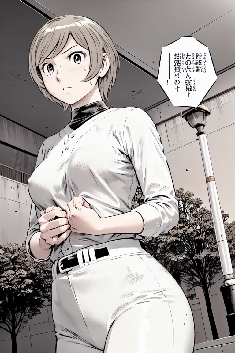 (野球uniform:1.2),
blonde, (short hair:1.2),Long sleeve, Black Shirt, turtleneck,White trousers、uniform、Black belt、((Illustration of people))、big 、
View your viewers,, (Highest quality:1.3),One Girl, White pants、uniform、Outdoor、baseball ground、ground、soil、blue eyes、Tight black shirt、(masterpiece、Highest quality)、Highest quality, Ultra-high resolution, (((masterpiece))), alone, Sweat、big eyes、big Breasts、Torn clothes、 Fully exposed、Nipples、One Girl, Front view、Embarrassed face、Bronze colored hair、((short hair))、Stand up straight、Cowboy Shot