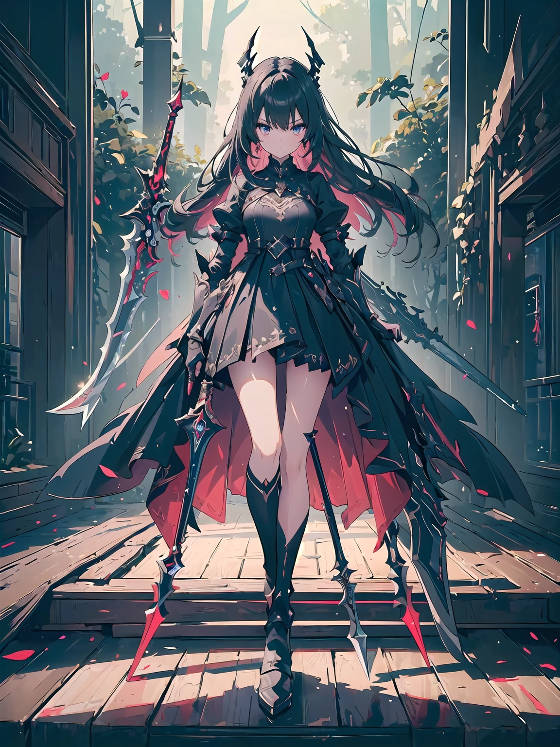 (((masterpiece, best quality, high detailed, 8k))) Design a layout showcase Gaming character, (1girl). Red|Black clothes, stylish and unique. ((showcase weapon:1.4)), enchanted sword. (masterpiece:1.2), (best quality), 4k, ultra-detailed. (Step by step design, layout art:1.5), (luminous lighting, atmospheric lighting). warrior, ((glove full hands)), (((revealing clothes:1.3))), vambraces, armored legwear, (((full_body_shot:1.4))). {In a mystical forest}.
