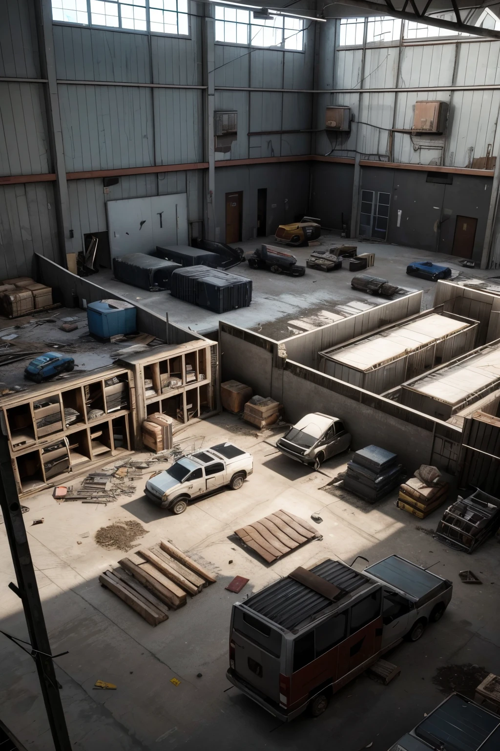 An abandoned warehouse in the apocalypse, with many safes and abandoned machinery piled up in the warehouse. Vehicles, weapons, top down view for a RPG tabble top game