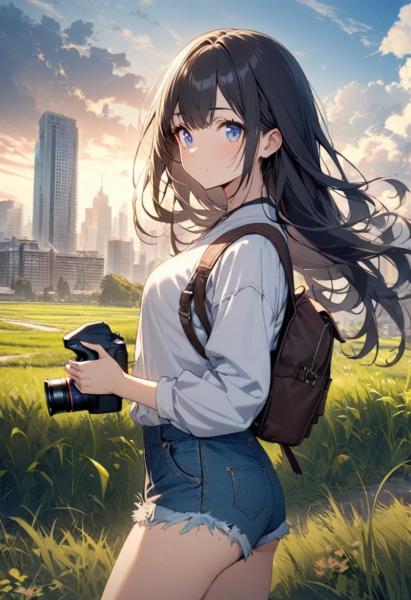 1girl, solo, long hair, looking at viewer, bangs, blue eyes, shirt, black hair, long sleeves, holding, closed mouth, standing, white shirt, cowboy shot, outdoors, sky, shorts, day, cloud, bag, short shorts, backpack, grass, denim, building, scenery, blue shorts, denim shorts, city, camera, field, cutoffs, skyscraper