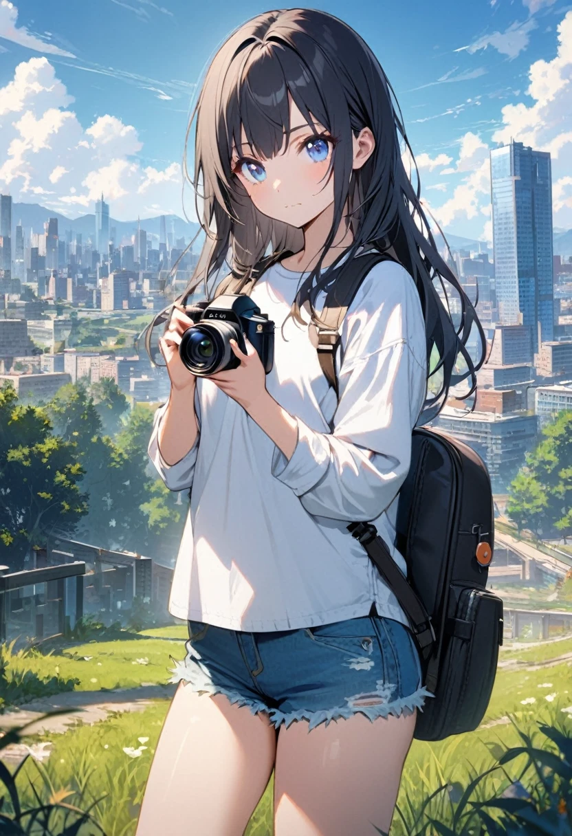 Realistic, outdoor, park, wide angle, raining, NSFW, soaking wet, 1girl, long hair, seductive face, blushed, lens view, POV, from below, wide angle, squatting, casual clothes, t-shirt, skirt, navel, full body, light rays, glow, (masterpiece), wallpaper