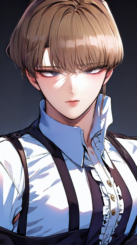 boy with blond hair、glare、gothic fashion