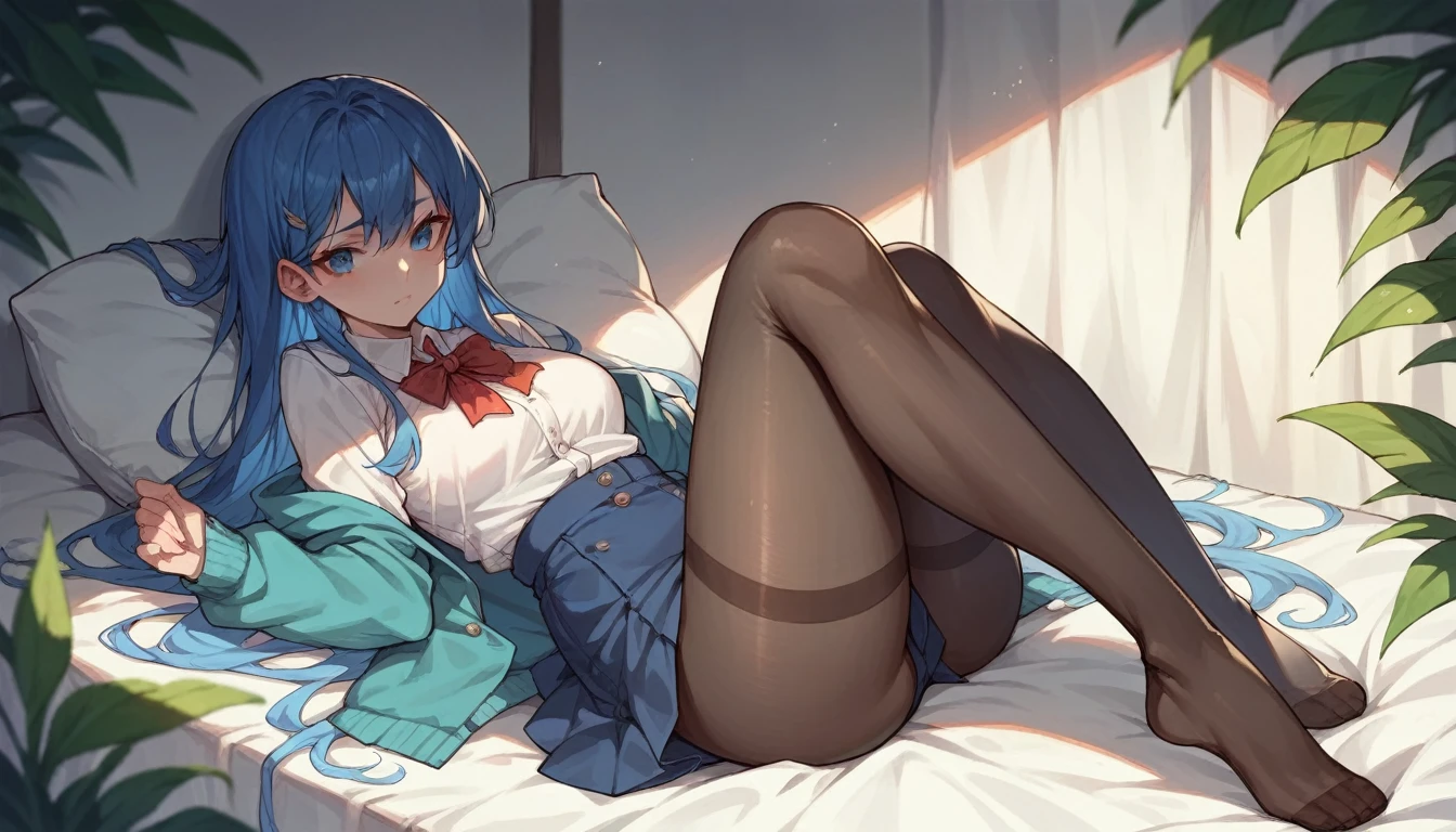 anime style,girl,blue hair,straight face,black tights,thighs,front