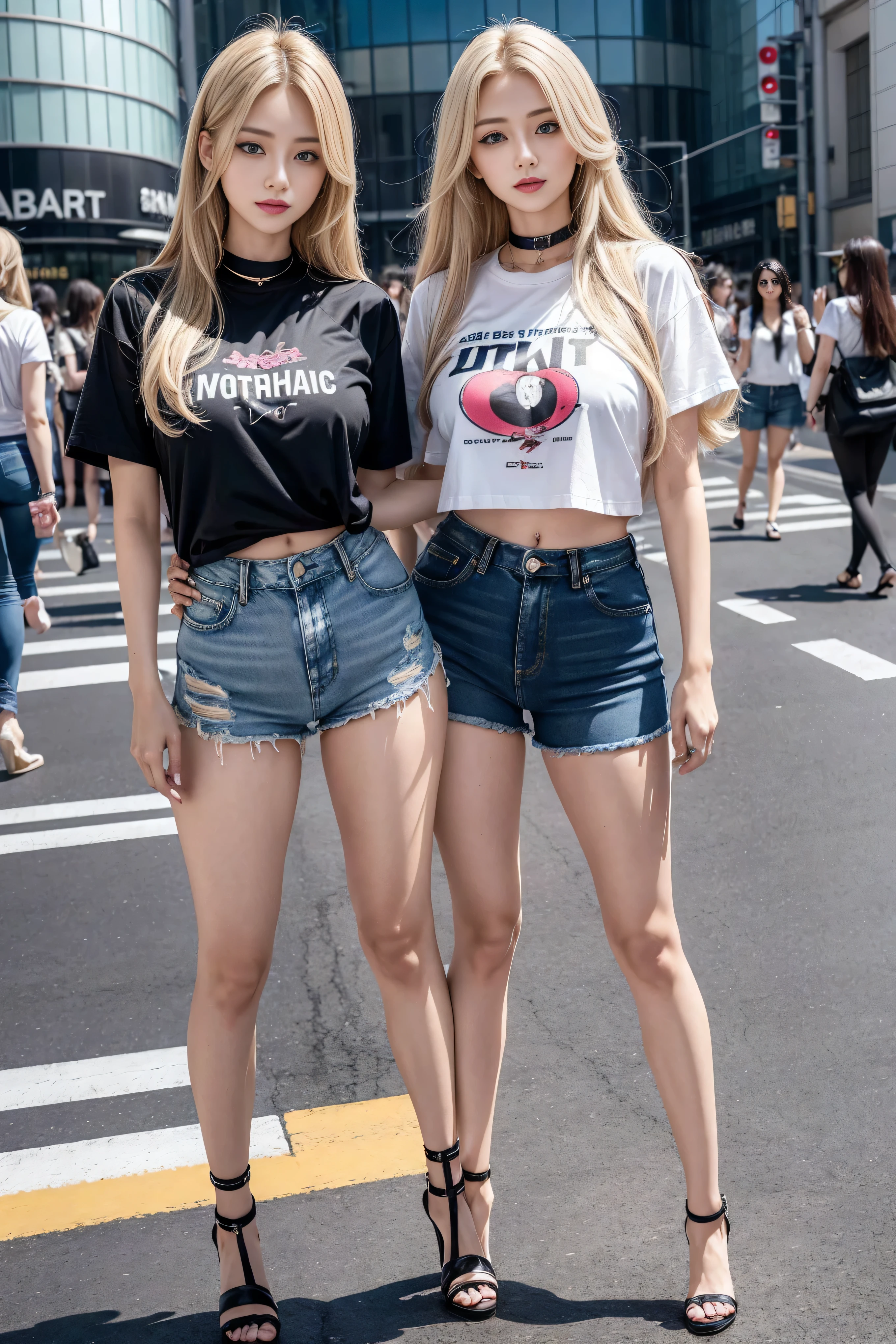 1 girl, (blue eyes), (They smiled), (In the name of Mina), Wide hips, tetas What's the big deals, What's the big deal, (best quality, 8K, masterpiece: 1.3), Perfect hands, Be focused: 1.2, Perfect body beauty: 1.4, Slim abdominal muscles: 1.2, Highly detailed face and skin texture, Exquisite eyes, Double eyelids, (Long blond hair), (Black stand collar T-shirt), (Denim shorts :1.1), (High heel :1.3), Everlasting, Dynamic poses, Background Tokyo Shibuya Crossing.