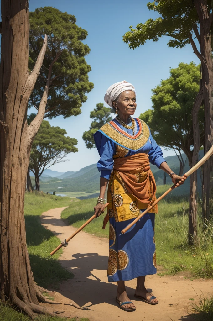 An artistic representation of Nanã Burukú, like an elderly lady in traditional African clothing, holding a staff . Ao fundo, elements that refer to nature and spirituality.