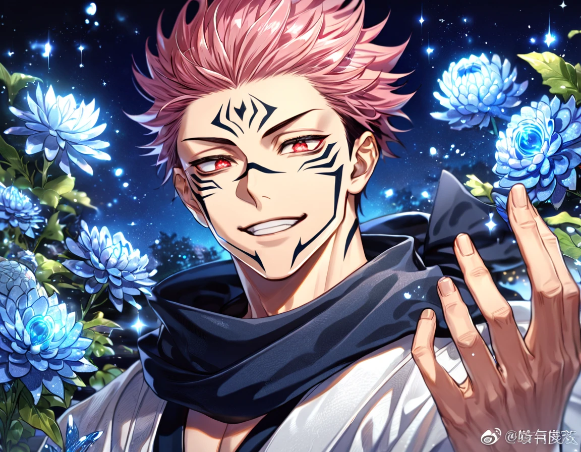 absurdres, highres, ultra detailed, HDR, master piece, best quality, extremely detailed, Ryoumen Sukuna, pink hair, expressive red eyes, Jujutsu Kaisen, solo, sexy man, handsome, handsome smile, black scarf, white kimono, fantasy, water, sparkling, blue glittering fireflies, blue moon, blue blossoms, blue chrysanthemums, blue sparkling lights, starry sky