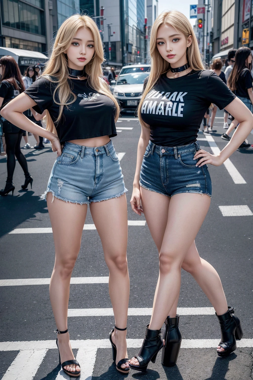 1 girl, (blue eyes), (They smiled), (In the name of Mina), Wide hips, tetas What's the big deals, What's the big deal, (best quality, 8K, masterpiece: 1.3), Perfect hands, Be focused: 1.2, Perfect body beauty: 1.4, Slim abdominal muscles: 1.2, Highly detailed face and skin texture, Exquisite eyes, Double eyelids, (Long blond hair), (Black stand collar T-shirt), (Denim shorts :1.1), (High heel :1.3), Everlasting, Dynamic poses, Background Tokyo Shibuya Crossing.
