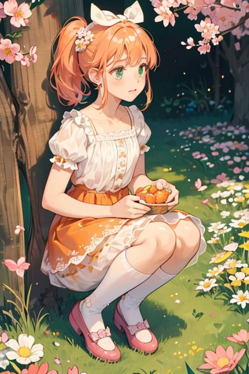 Stand in front of the photo、1girl in,Full body,a short bob,long boots,Open mouth and big smile、kawaii pose、Flowing iridescent silk、up of face、Eye Up、Colorcon with heart pattern、Floral dress、There are flowers even in front of you、rose garden、Rose petals、leaves falling、season!!:autumnal☀ 🍂