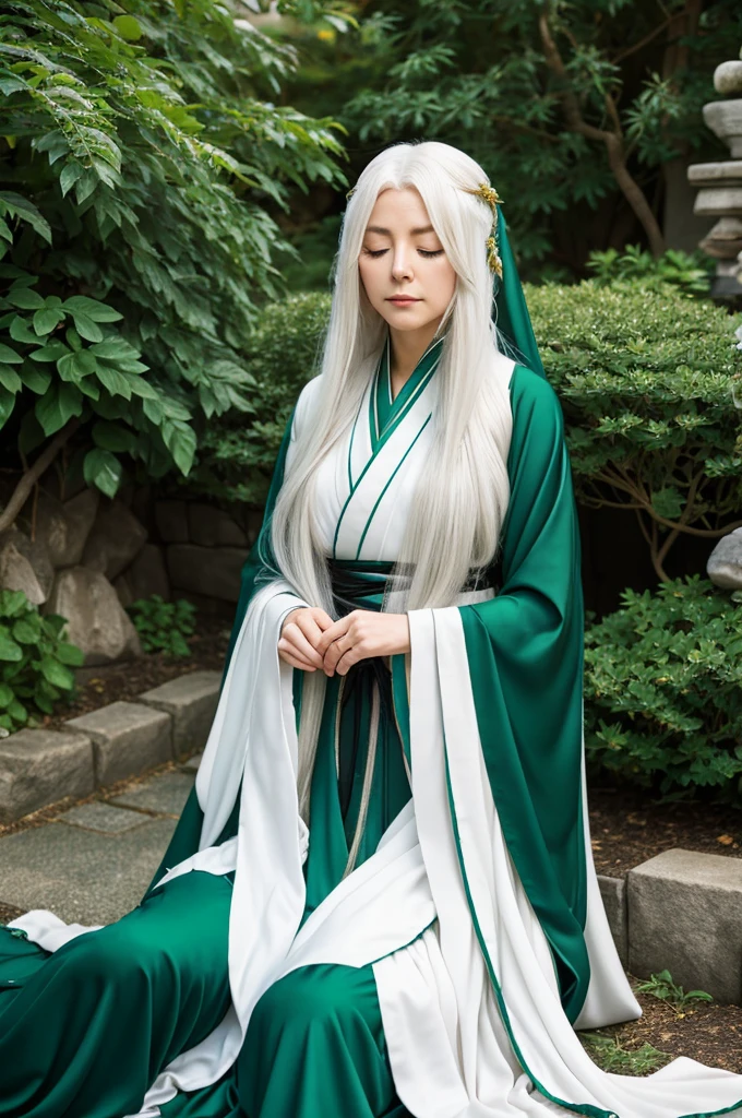 45 year old female anime character. long white hair, with elongated golden eyes with long eyelashes. She wears a black and emerald green hanfu and a long veil that covers her face..
She is lying in a garden, With eyes closed. 
