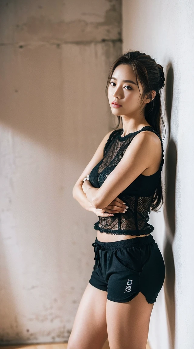 Dark brown hair、Light brown eyes、Japanese actress、 Lady、I am about 40 years old............、(Intricate details:1.2)、 (Ultra-high resolution:1.2)、Ultra-high resolution、(Finely tuned)、(Detailed facial features)、Hmph、8K resolution、D cup size breasts、Long Hair、Bright terrace room with sunlight streaming in、Large windows、Extravagant space、relax、、,Full body photo、Head to toe shot、Beautiful legs、black　Loose fit openwork T-shirt、Underwear shorts、Beautiful legs、Bright terrace room with sunlight streaming in、she, household items,   (plant:0.8), Fashion Hub, Very detailed, Very detailed, Realistic, Hourglass Shaped Body, Obscene pose,、Messy Hair、Messy ponytail、Leaning against a wall、I cry a lot、tears、Skin is visible through the knit、White floor、White wall、A masterpiece of transparent painting、