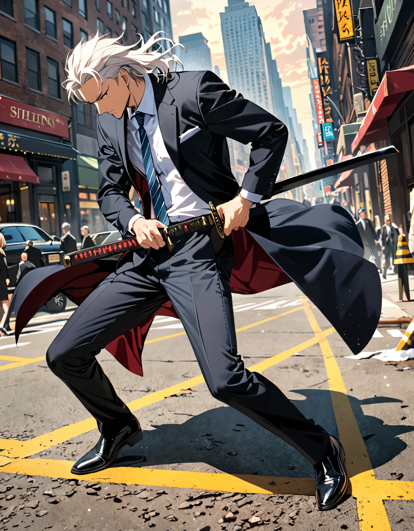 (masterpiece), (best quality), (hires), 1male, male focus, solo, solo focus, black footwear, coat, open coat, formal, full body, holding, holding sword, holding weapon, long hair, long sleeves, male focus, necktie, old, old man, pants, shirt, solo, suit, katana, sword, weapon, white hair, new york backdrop, cowboy shot, noir atmosphere