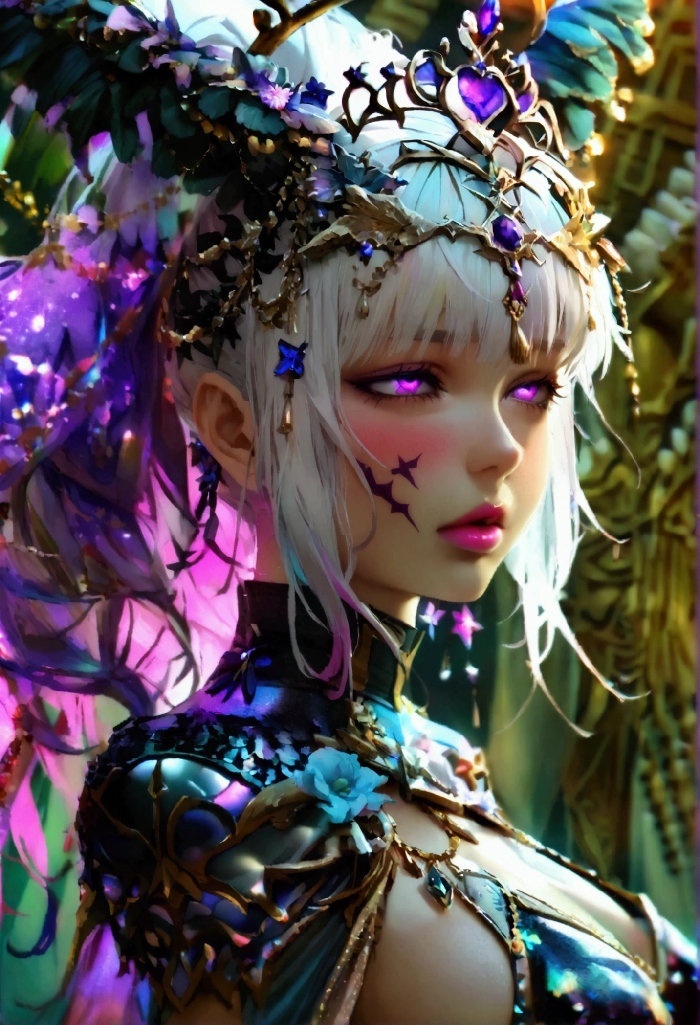 Demon hunter Neon Combat Dress from celestial, (Radiant Royal Cloak: 1.2) Black and silver Color, (extremely delicate beautiful eyes and depression but arrogant eyes), (multicolor, ponytail, iridescent hair, colorful hair, half purple and half white hair: 1.3), (magical, mythic,fantasy), (Super Model Body Shape, idol, seducing body, attractive, gorgeous, charming, majesty, Sexy Saint aura), Original Character, Masterpiece, Tempting Purple Eyes, Purple Gemstone Accessories, Gold Belt, Gold Necklace, Under sun shine, unique crown, (Corruption Tattoo on 1;1.25), 16k, bare shoulders, cute, petite, solo, stars, stardust, moist body detailed, killing scenario, legend, horny blush, pink lips, cinematic lighting, full body close-up, scale up, perfect shade, colorful, ultra sexy and seducing
