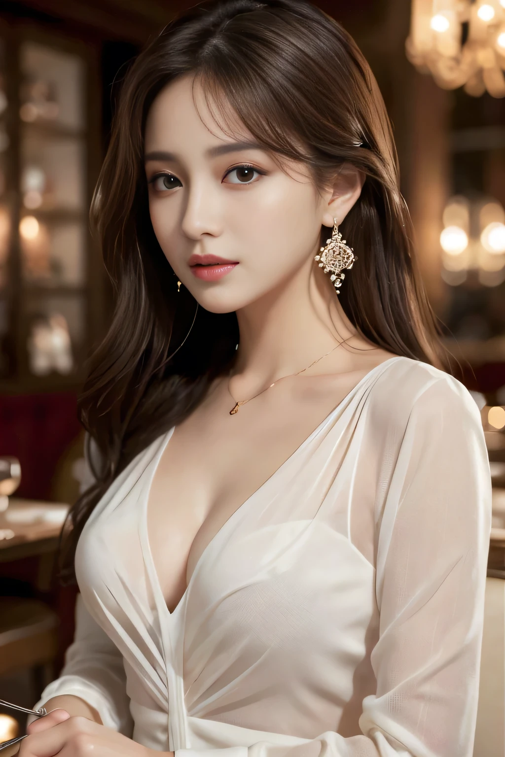 masterpiece, Highest quality, Realistic, Very detailed, Finer details, High resolution, 8k wallpaper, One beautiful woman, Wear an elegant see-through shirt, In a great restaurant, At night, Light brown messy hair, Perfect dynamic composition, Beautiful and beautiful eyes、Big earrings、chest、