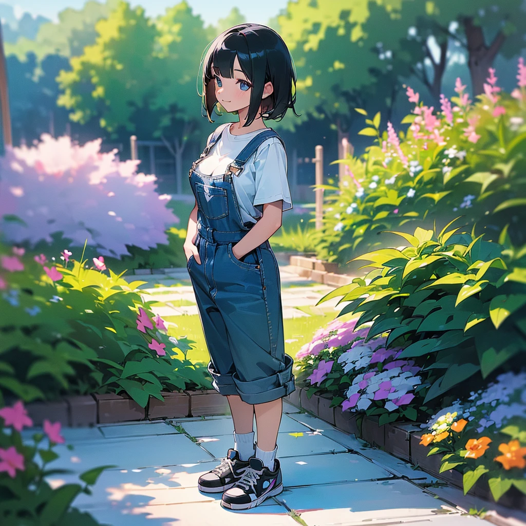 (high quality, High resolution, Very detailed, reality:1.37), Peaceful atmosphere, (Outdoor, garden), Teenage girl standing alone, (my breasts are big.), Beautiful details, Cute Smile, (Black bob hair), Short sleeve shirt, Overalls, Blue socks, sneakers.