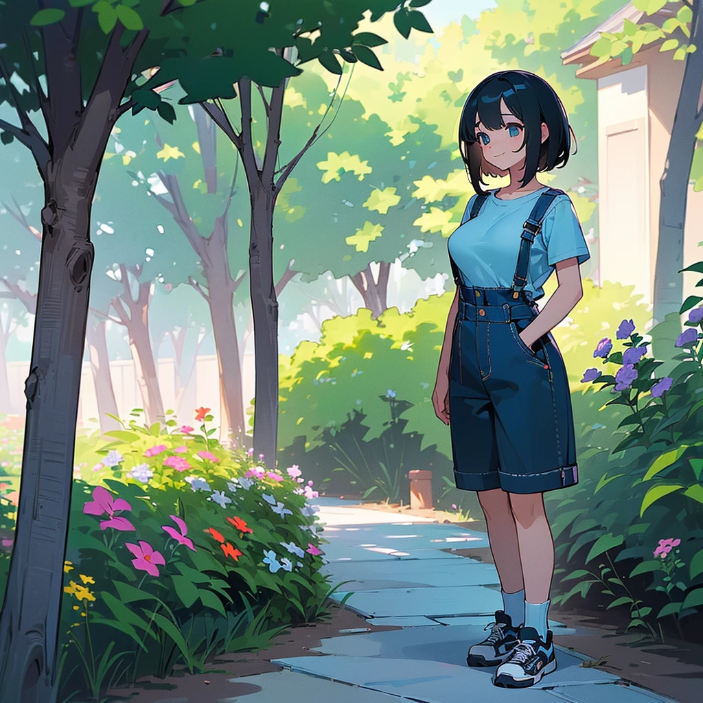 (high quality, High resolution, Very detailed, reality:1.37), Peaceful atmosphere, (Outdoor, garden), Teenage girl standing alone, (my breasts are big.), Beautiful details, Cute Smile, (Black bob hair), Short sleeve shirt, Overalls, Blue socks, sneakers.