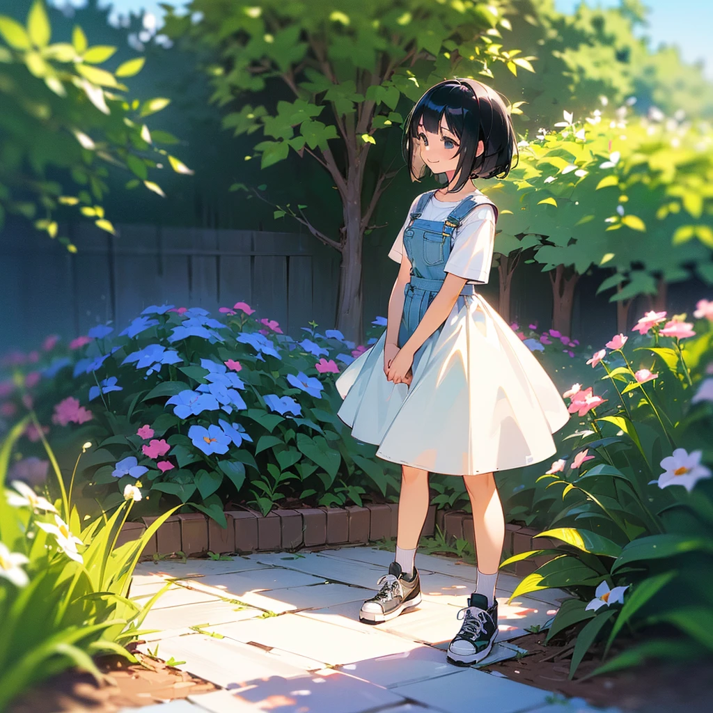 (high quality, High resolution, Very detailed, reality:1.37), Peaceful atmosphere, (Outdoor, garden), Teenage girl standing alone, (my breasts are big.), Beautiful details, Cute Smile, (Black bob hair), Short sleeve shirt, Overalls, Blue socks, sneakers.