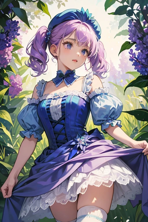 Bluebell is a tanned girl with black eyes and pink cheeks. She has short lilac hair worn in short, curled pigtails at the bottom of her head. On the top of her head is a bluebell flower cap.
Bluebell wears a blue silk dress composed of many petals. The overlay is made of a translucent, lilac tulle fabric with tiny dew droplets. The collar is ivy-green tulle to match the ribbon tied around her waist, which match her tights. Her boots are lavender with a bumpy texture and curled toe. The cuff is blue and resembles an upside down flower. SPARKLE; GLITTER;