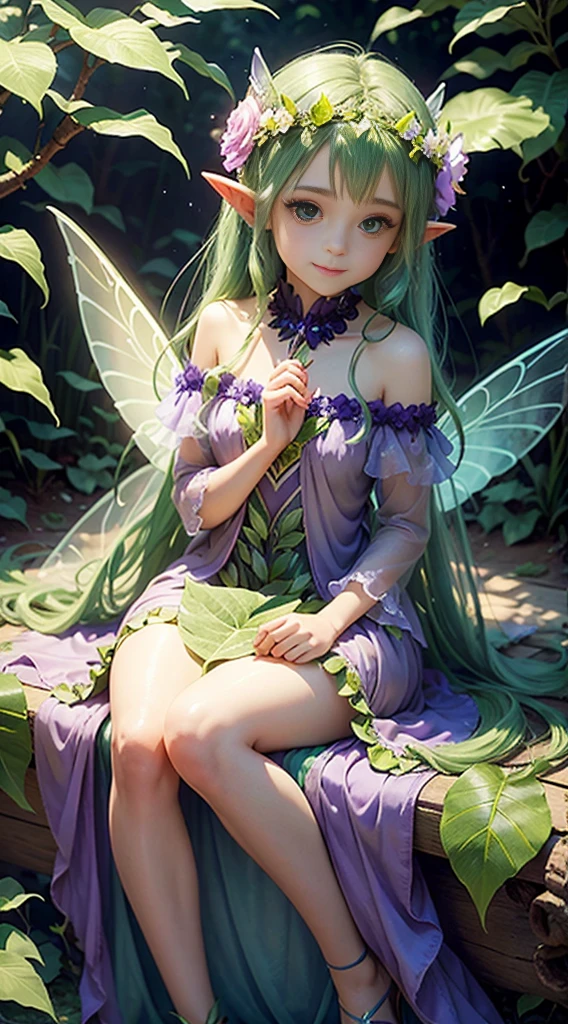 cute little fairy, transparent wings, transparent emerald green fairy wings, long hair with a blue and purple gradient, pointed ears, flower crown, dress made of leaves, lots of flowers, leaves, sitting on a big leaf, leaves, big flower, flower crown, sunlight, sitting, sparkling, light, smiling gently