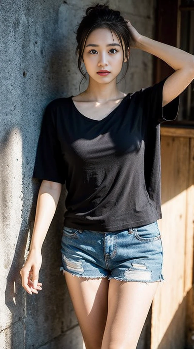 Dark brown hair、Light brown eyes、Japanese actress、 Lady、I am about 40 years old............、(Intricate details:1.2)、 (Ultra-high resolution:1.2)、Ultra-high resolution、(Finely tuned)、(Detailed facial features)、Hmph、8K resolution、D cup size breasts、Long Hair、Bright terrace room with sunlight streaming in、Large windows、Extravagant space、relax、、,Full body photo、Head to toe shot、Beautiful legs、black Loose fit openwork T-shirt、Underwear shorts、Beautiful legs、Bright terrace room with sunlight streaming in、she, household items, (plant:0.8), Fashion Hub, Very detailed, Very detailed, Realistic, Hourglass Shaped Body, Obscene pose,、Messy Hair、Messy ponytail、Leaning against a wall、I cry a lot、tears、Skin is visible through the knit、A masterpiece of transparent painting、summer、