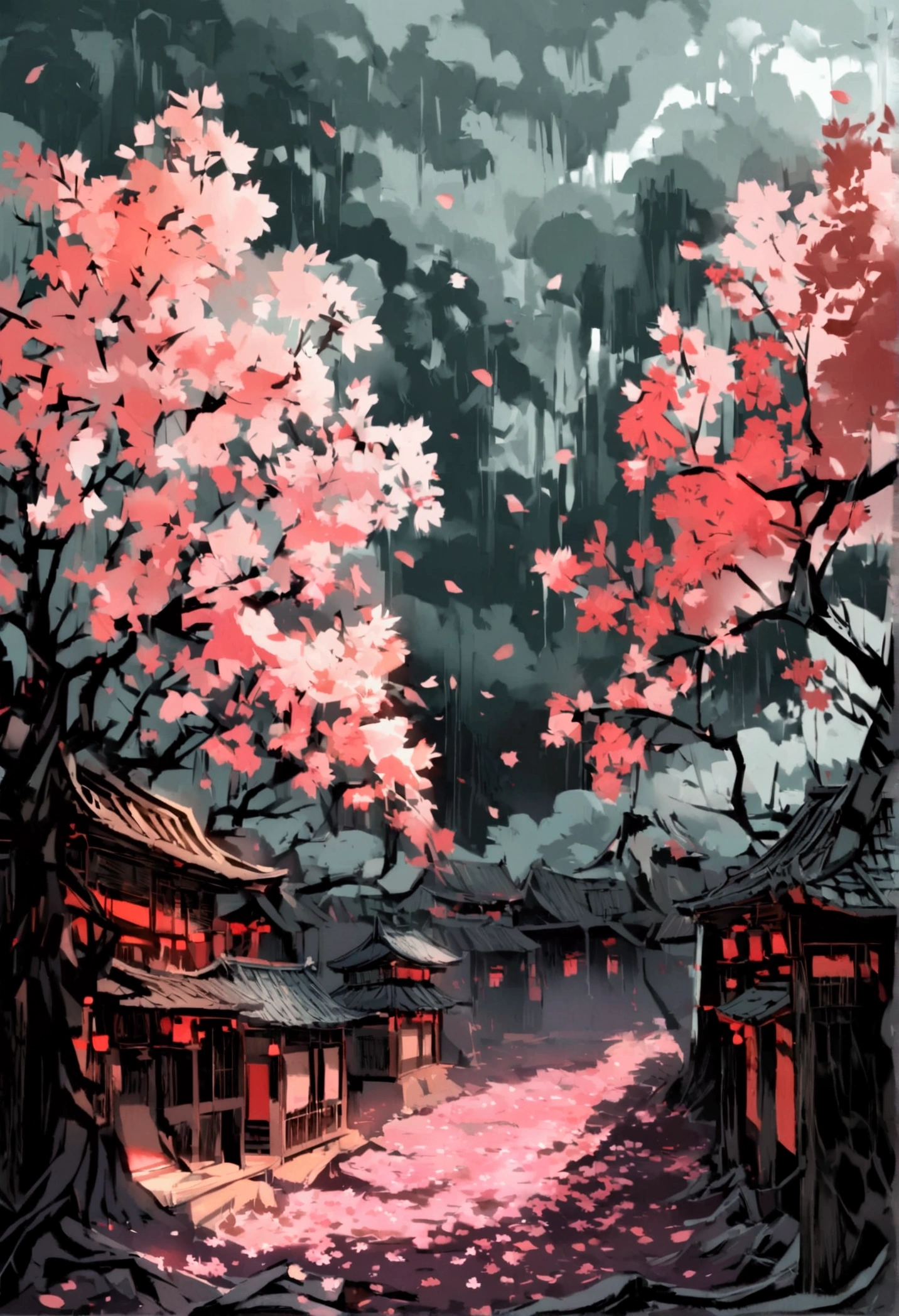 On a cloudy and gloomy day, with dense clouds blocking almost all sunlight, the landscape is dominated by ancient and twisted cherry blossom trees. Their pale pink flowers contrast with the dark environment, some falling slowly to the ground, creating a delicate carpet over the barren, dark soil. A gentle wind sways the flowers and makes some petals float in the air. The shadows of the trees create distorted shapes on the ground, enhancing the sense of mystery and desolation. The scene's lighting uses dark contrasts, with deep shadows and points of light highlighting the cherry blossoms, resulting in a dramatically impactful image.