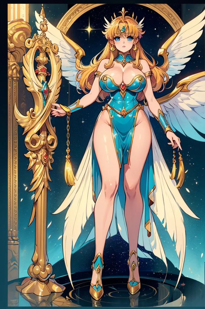 (masterpiece, best quality, high resolution, ((full body, standing,))((huge breasts)) the fantasy zodiac sign virgo, Magic Knight Rayearth style very beautiful, full body, beautiful wings, ((full body))