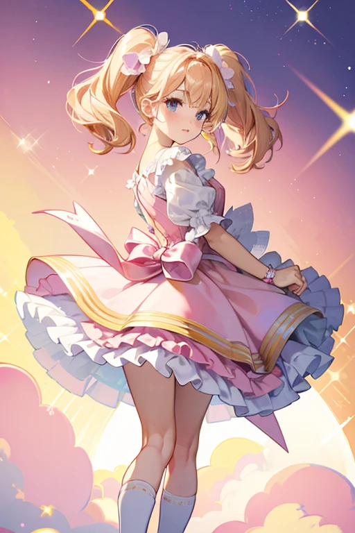 Blush is a tan-skinned girl with pale pink cheeks and black eyes. Her hair is pink with curved bangs. Her hair is styled in cupcake swirl-shaped pigtails, one blonde and one blue, and is held in place with pastel pink ribbons. She wears a blue, yellow, and pink dress with a white ribbon tied into a bow and white bands below her shoulders. Her shoes resemble pink ballet flats. SPARKLE; GLITTER;