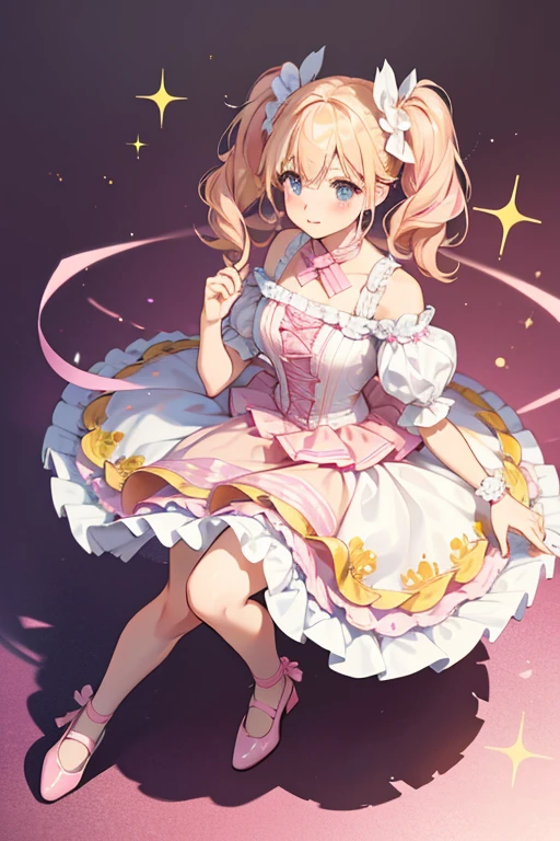 Blush is a tan-skinned girl with pale pink cheeks and black eyes. Her hair is pink with curved bangs. Her hair is styled in cupcake swirl-shaped pigtails, one blonde and one blue, and is held in place with pastel pink ribbons. She wears a blue, yellow, and pink dress with a white ribbon tied into a bow and white bands below her shoulders. Her shoes resemble pink ballet flats. SPARKLE; GLITTER;