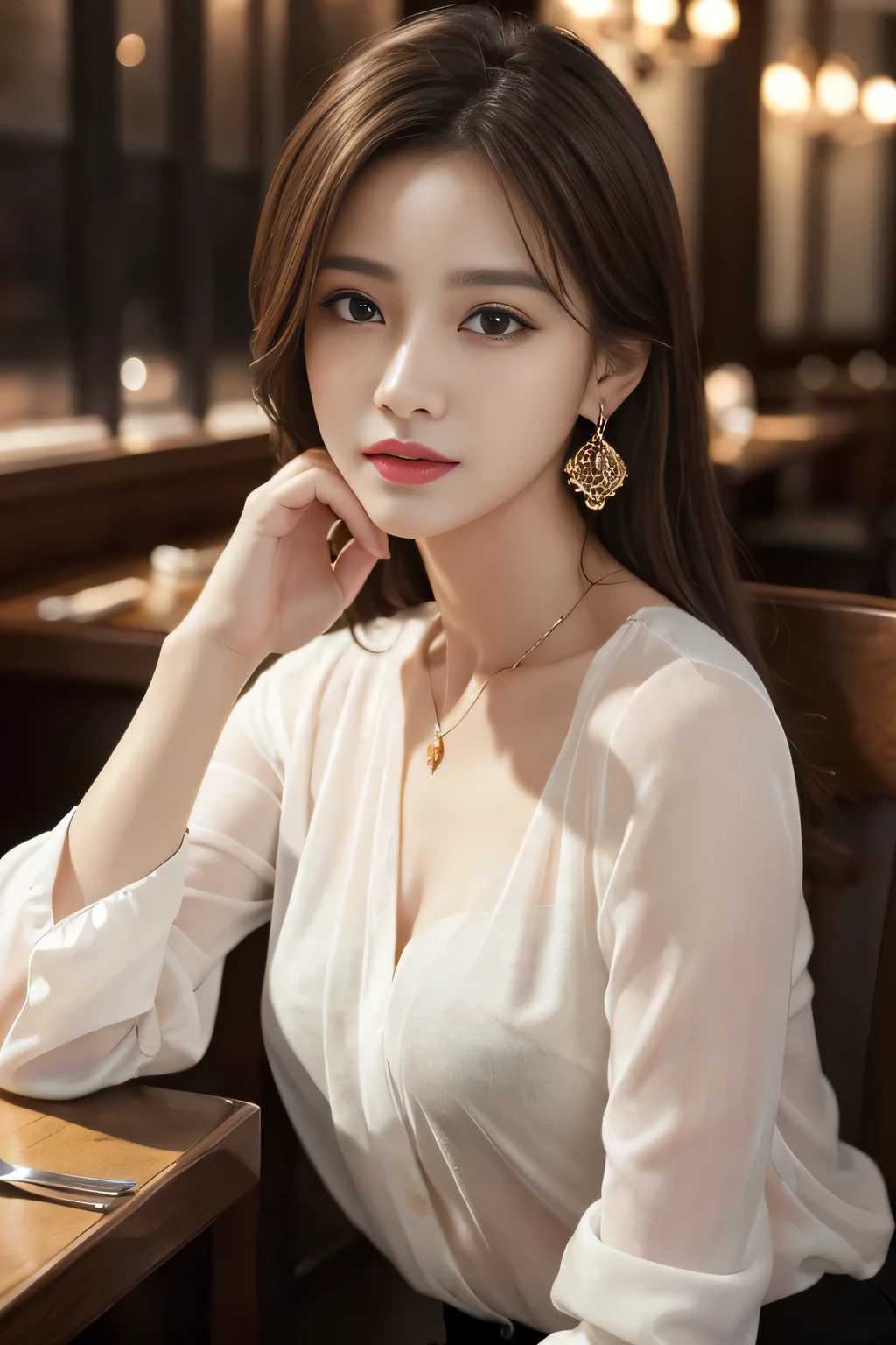 masterpiece, Highest quality, Realistic, Very detailed, Finer details, High resolution, 8k wallpaper, One beautiful woman, Wear an elegant see-through shirt, In a great restaurant, At night, Light brown messy hair, Perfect dynamic composition, Beautiful and beautiful eyes、Big earrings、chest、
