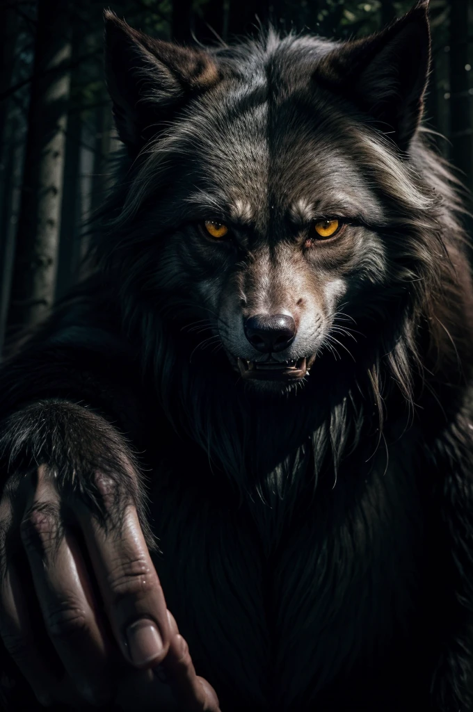 A werewolf in a dark, moody forest, detailed anatomy, glowing yellow eyes, sharp fangs, clawed hands, fur-covered body, moonlit night, atmospheric lighting, cinematic composition, digital painting, highly detailed, photorealistic, dramatic, fantasy, horror, moody colors