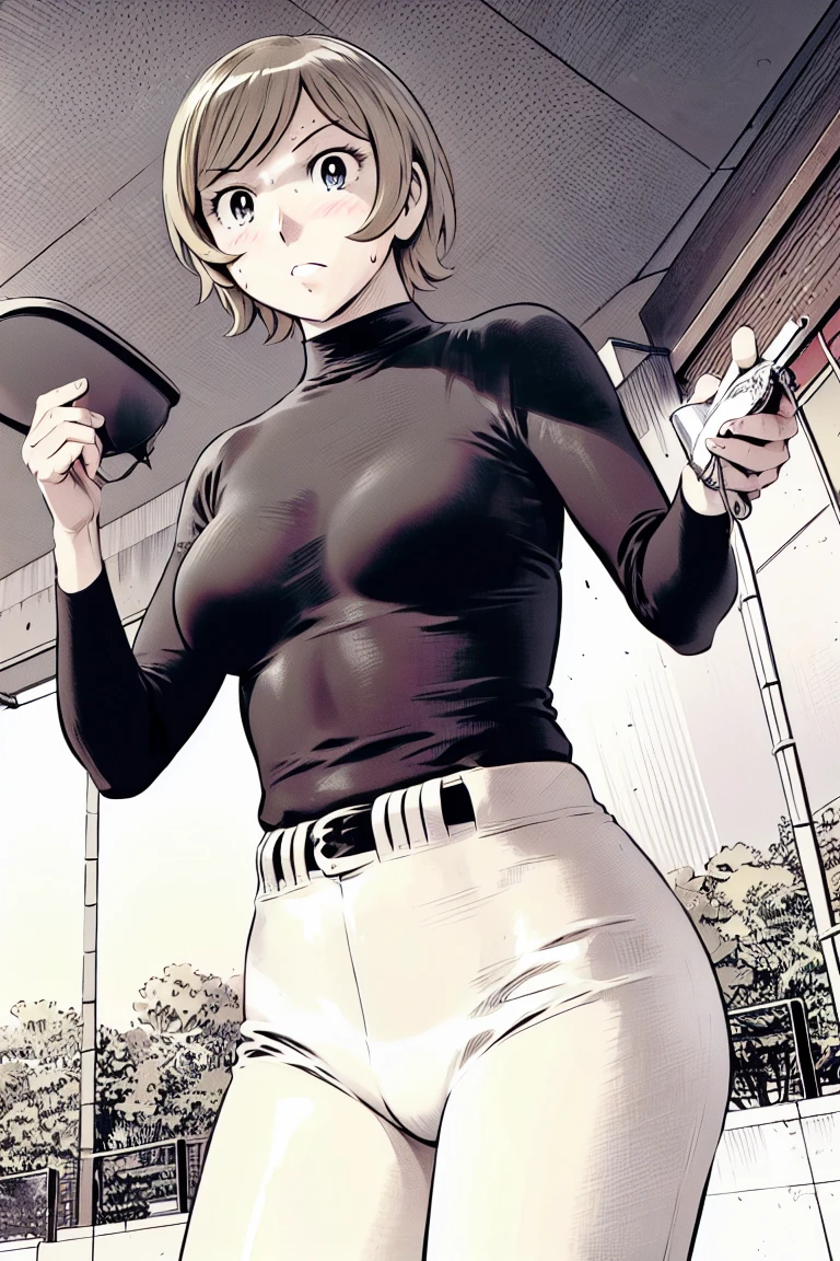 (野球uniform:1.2),
blonde, (short hair:1.2),Long sleeve, Black Shirt, turtleneck,White trousers、uniform、Black belt、((Illustration of people))、No sleeve、
View your viewers,, (Highest quality:1.3),One Girl, White pants、uniform、Outdoor、baseball ground、ground、soil、blue eyes、Tight black shirt、(masterpiece、Highest quality)、Highest quality, Ultra-high resolution, (((masterpiece))), alone, Sweat、Big eyes、Large breasts、Torn clothes、 Fully exposed、Nipples、One Girl, Front view、Embarrassed face、Bronze colored hair、((short hair))、Stand up straight、Cowboy Shot