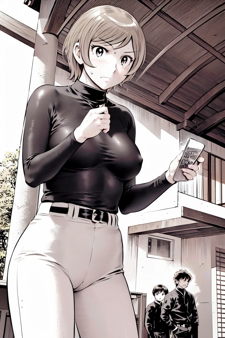 (野球uniform:1.2),
blonde, (short hair:1.2),Long sleeve, Black Shirt, turtleneck,White trousers、uniform、Black belt、((Illustration of people))、No sleeve、
View your viewers,, (Highest quality:1.3),One Girl, White pants、uniform、Outdoor、baseball ground、ground、soil、blue eyes、Tight black shirt、(masterpiece、Highest quality)、Highest quality, Ultra-high resolution, (((masterpiece))), alone, Sweat、Big eyes、Large breasts、Torn clothes、 Fully exposed、Nipples、One Girl, Front view、Embarrassed face、Bronze colored hair、((short hair))、Stand up straight、Cowboy Shot