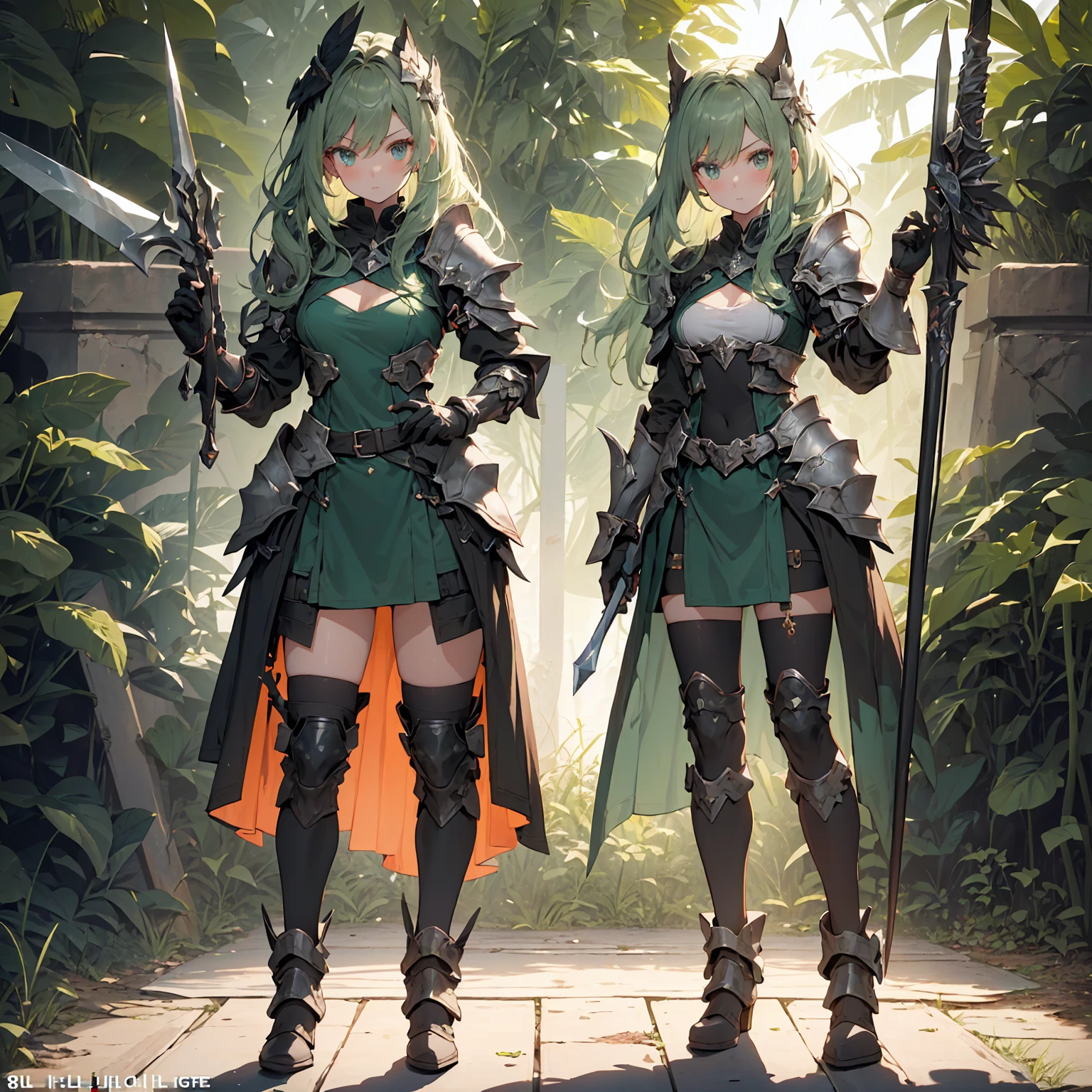 (((masterpiece, best quality, high detailed, 8k))) Design a layout showcase Gaming character, (1girl). Green|Brown clothes, stylish and unique. ((showcase weapon:1.4)), dual daggers. (masterpiece:1.2), (best quality), 4k, ultra-detailed. (Step by step design, layout art:1.5), (luminous lighting, atmospheric lighting). assassin, ((glove full hands)), (((revealing clothes:1.3))), vambraces, armored legwear, (((full_body_shot:1.4))). {In a dense jungle}.