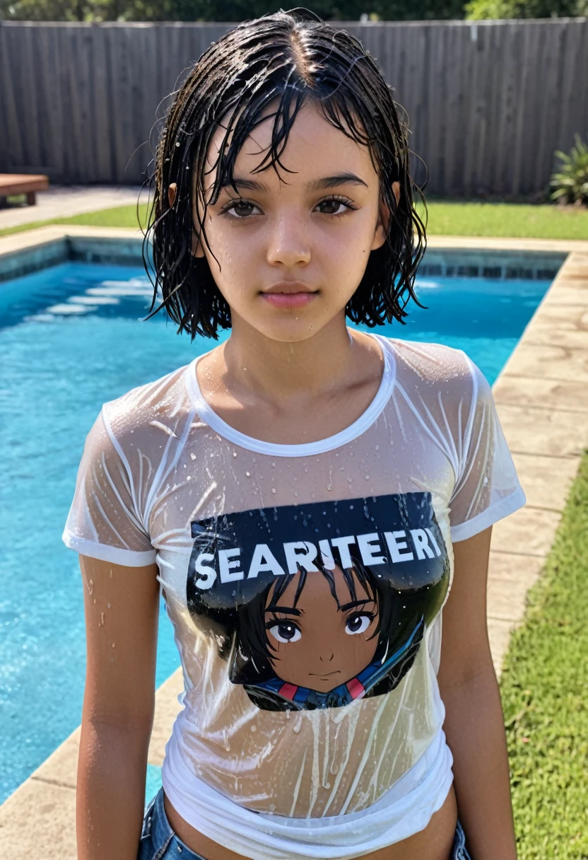  girl with short black hair and light brown skin wearing a wet t-shirt near a pool
