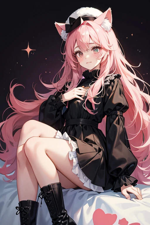 Boo is a fair-skinned girl with pale pink hair and blushed cheeks. She wears a black cap with a tuft of hair on top of the center and a pair of cat ears. She wears a fluffy black dress with long sleeves and a pale pink band below the chest. Her black boots have fluffy black cuffs and are worn with black and orange striped tights. SPARKLE; GLITTER;