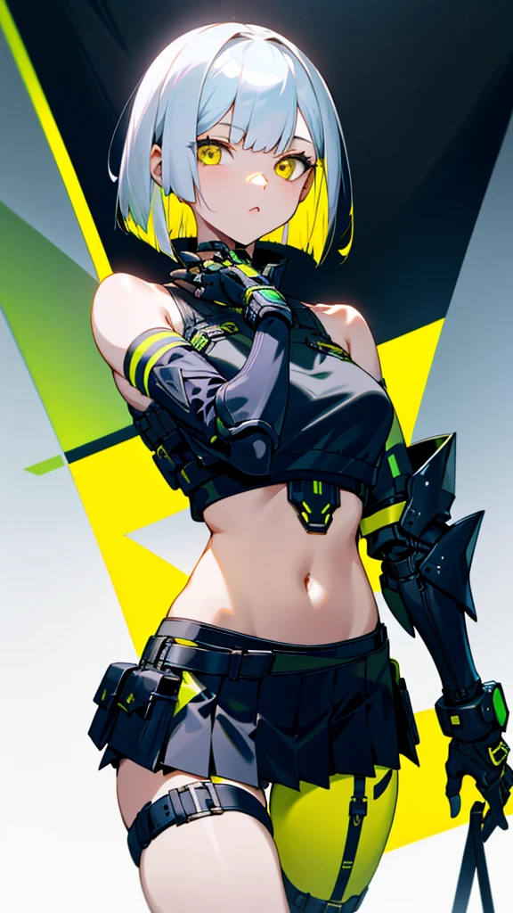 A young woman with short bob silver hair、Sharp yellow eyes、Lazy look。She is wearing a futuristic black and green jacket with bare shoulders.、It features a variety of technical elements and armor-like decorations.。She is wearing a white crop top underneath.。Her outfit includes a black pleated mini skirt with a belt and straps.。She's wearing high-tech gloves.、He has a large, sophisticated sword.。The background is minimalistic、Focus on the character's strong, confident pose。