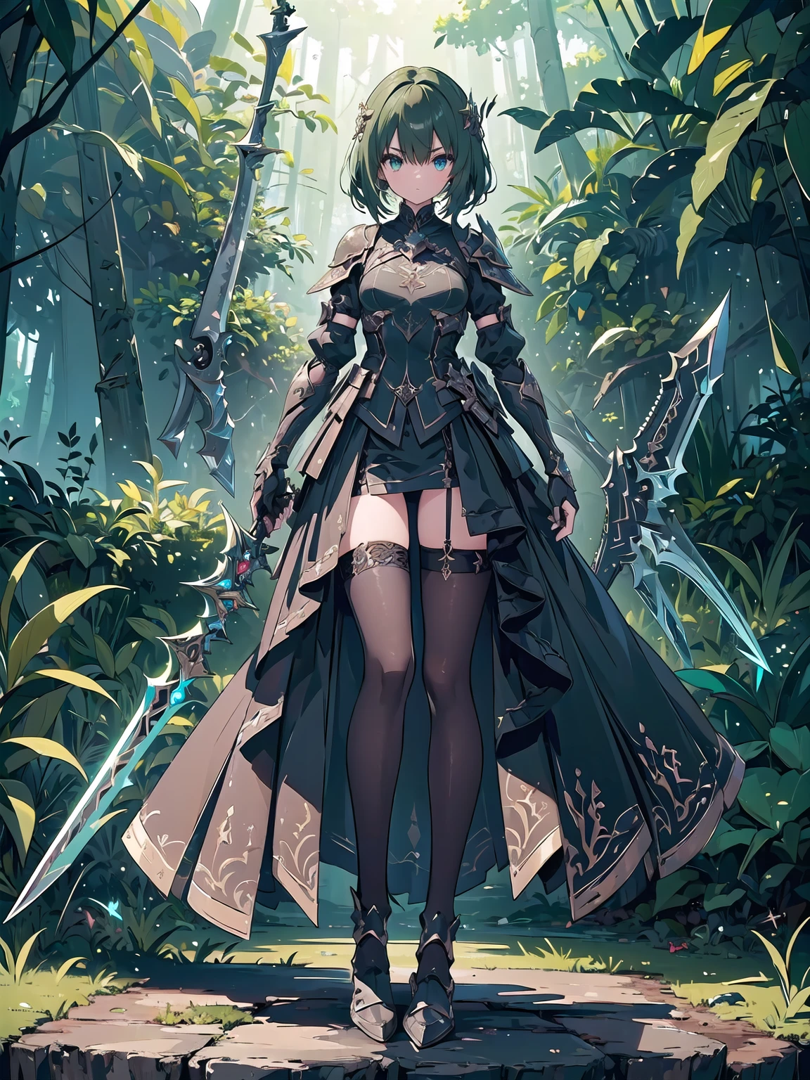 (((masterpiece, best quality, high detailed, 8k))) Design a layout showcase Gaming character, (1girl). Green|Brown clothes, stylish and unique. ((showcase weapon:1.4)), dual daggers. (masterpiece:1.2), (best quality), 4k, ultra-detailed. (Step by step design, layout art:1.5), (luminous lighting, atmospheric lighting). assassin, ((glove full hands)), (((revealing clothes:1.3))), vambraces, armored legwear, (((full_body_shot:1.4))). {In a dense jungle}.
