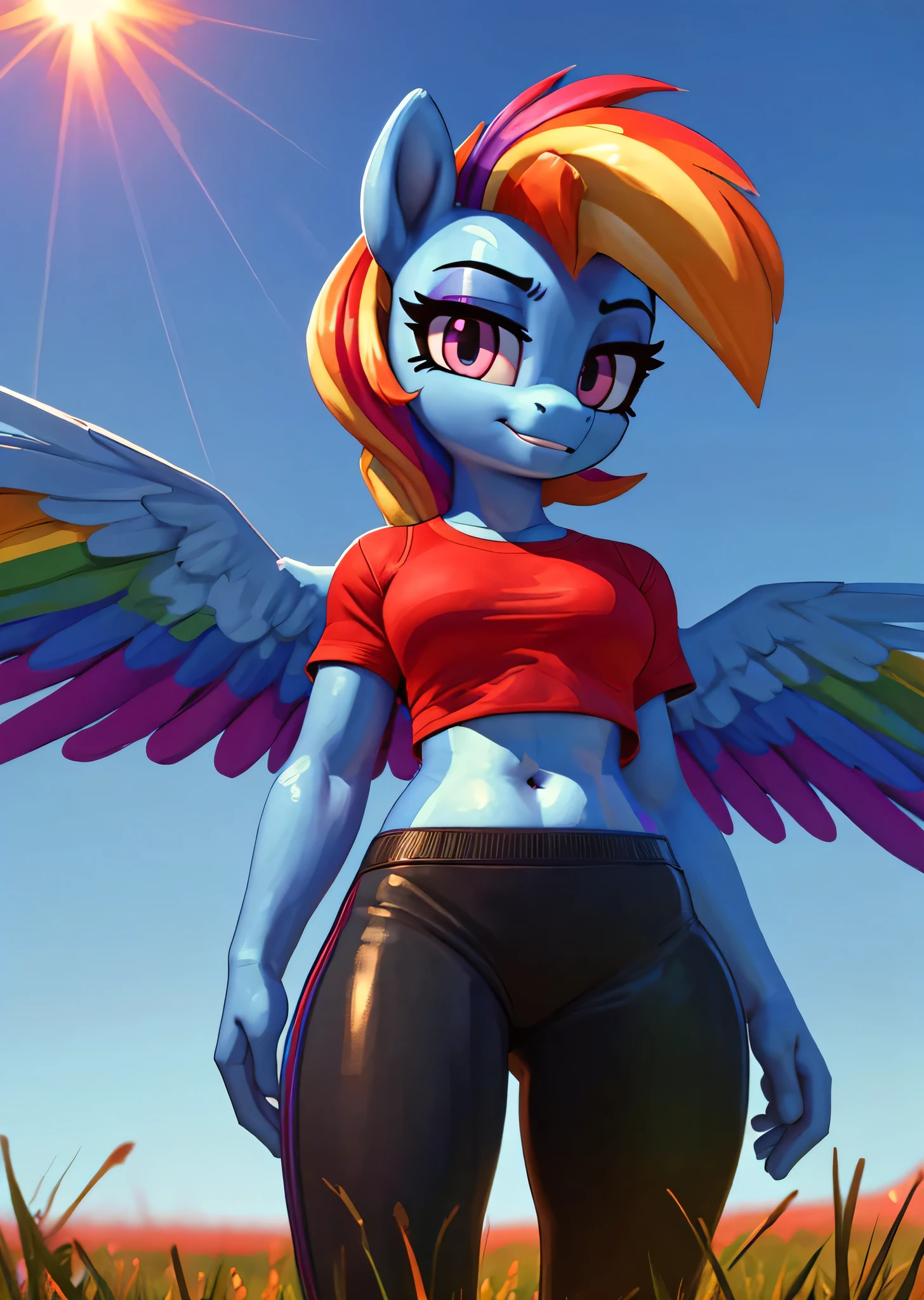 [rainbow dash], [Uploaded to e621.net; (siden), (Pixelsketcher), (mayosplash), (wamudraws)], ((masterpiece)), ((HD)), ((high res)), ((solo portrait)), ((waist up)), ((front view)), ((low angle view)), ((pony; anthro)), ((detailed fur)), ((detailed shading)), ((beautiful render art)), ((intricate details)), {anthro horse; slim figure, blue fur, horse snout, cute magenta eyes, short eyelashes, multi tone long hair, long rainbow-colored hair, light-blue pegasus wings, toned figure, curvy hips, beautiful legs, cute smirk}, {red tee shirt, short sleeves, navel, black spandex yoga pants}, {looking at viewer}, [ambient lighting, grass plains, sun rays]