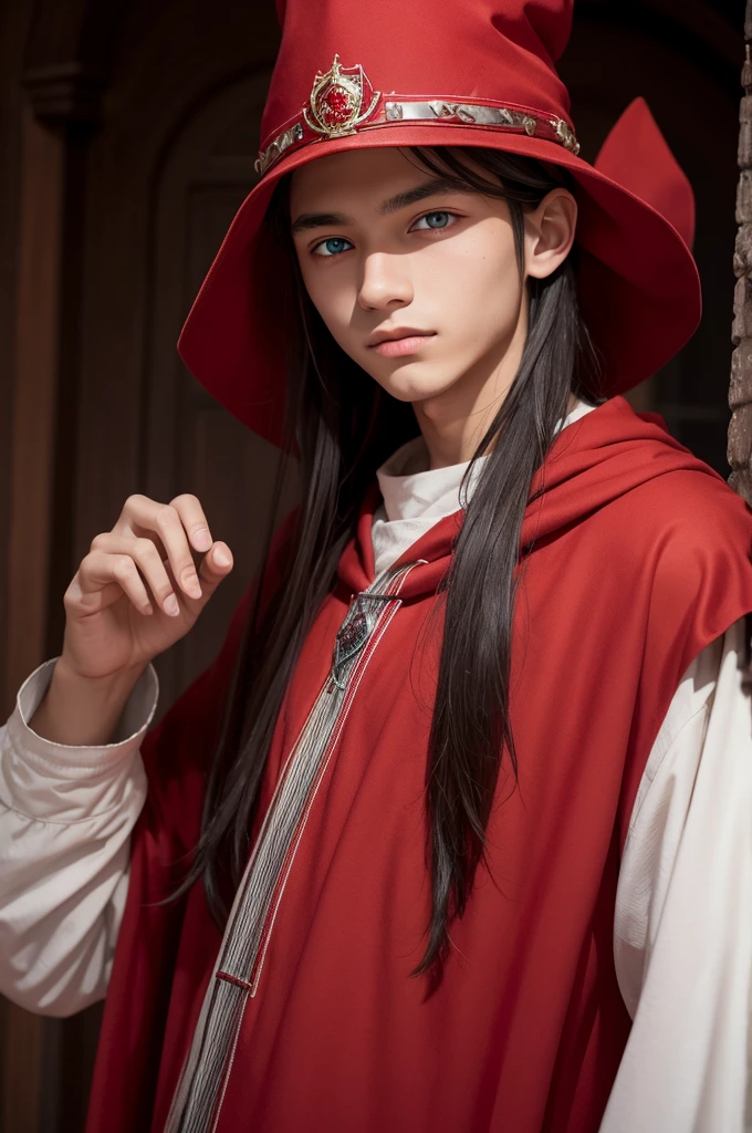 Young man with different colored eyes wearing red wizard hat