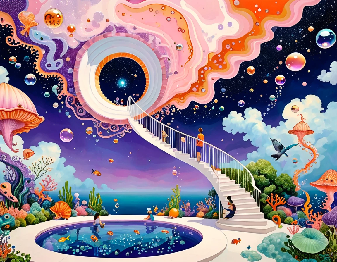 &quot;Dick Ellescas Artist Style&quot;,3D transparent conch swimming pool in the sky，沐浴的章fish，Platform、Swimming ring、Starry Sky、cloud，fish、Tentacles、bird、Eye、Soap bubbles，diatom，Spiral Staircase，Multiple people silhouettes、Stitching together an abstract painting，Describing the inner world of autistic people，Sense of space，White Space，interesting，Innocence，Psychedelic Art，Dense pointillism，Pink theme，Bold contrasts，Purple and Orange