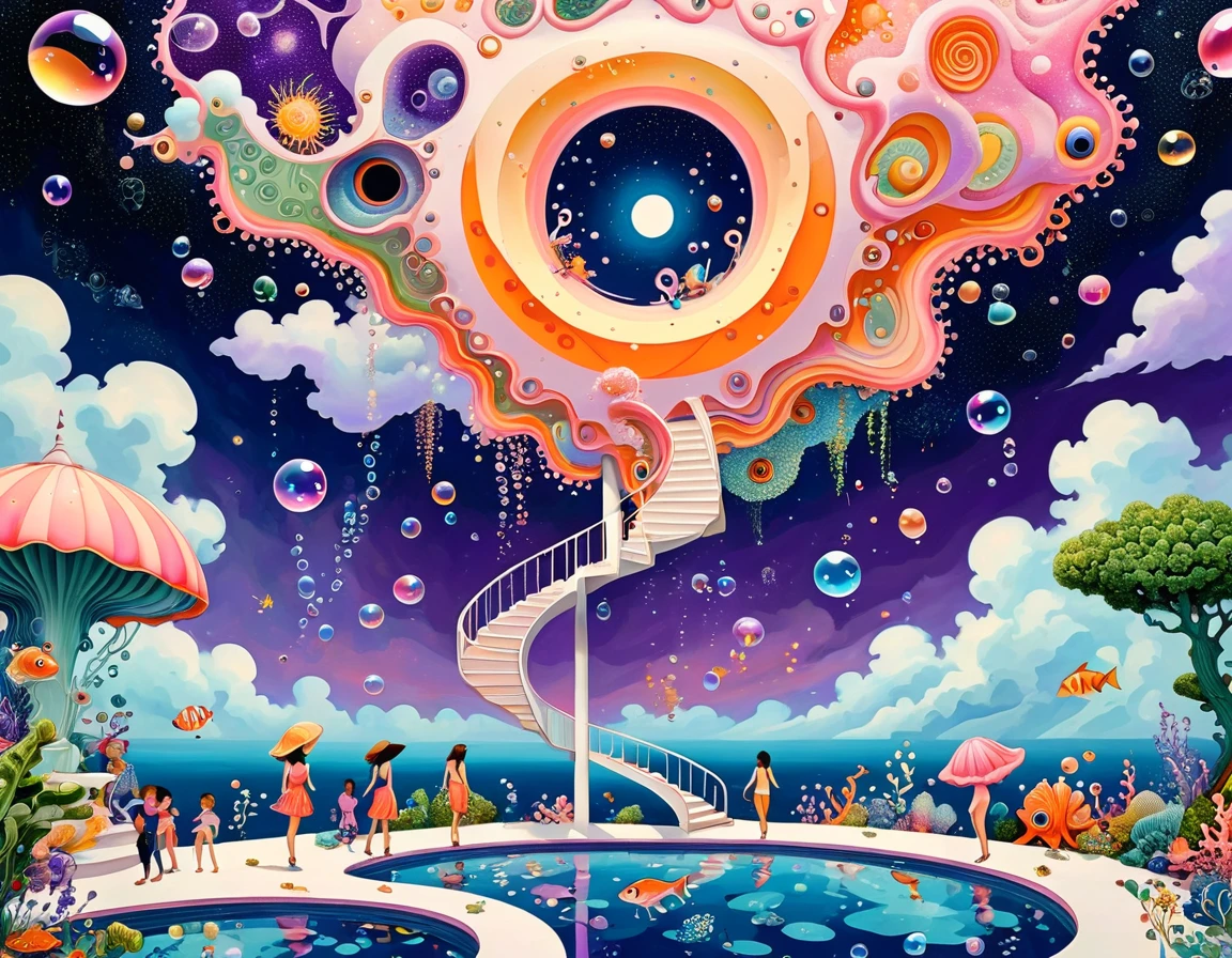 "Dick Ellescas Artist Style",3D transparent conch swimming pool in the sky,沐浴的章fish,Platform、Swimming ring、Starry Sky、cloud,fish、Tentacles、bird、Eye、Soap bubbles,diatom,Spiral Staircase,Multiple people silhouettes、Stitching together an abstract painting,Describing the inner world of autistic people,Sense of space,White Space,interesting,Innocence,Psychedelic Art,Dense pointillism,Pink theme,Bold contrasts,Purple and Orange