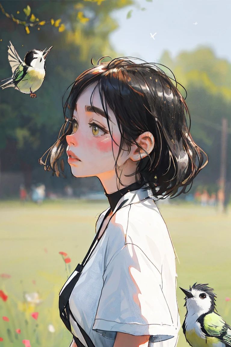 One girl, summer, Brown Eyes, Black Hair, Blurred, Blurred background, 真summer, lips, long-tailed Great tit, look up, Medium Hair, profile, ice, Short sleeve,alone, Great tit (bird) , ((masterpiece