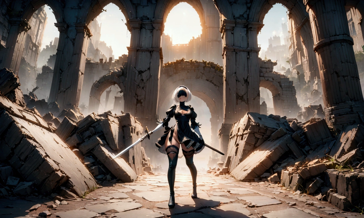 ((best qualityer)), ((work of art)), (very detailled:1.3), 2B in the ruins of a city in the forgotten war, Ancient Technology, Nier-Automata, standing, fully body, brandishing his sword, Looking at the sky, hdr (high-range dynamics), ray tracing, nvidia RTX, super resolution, Irreal 5, underground dispersal, PBR Texture, Post-processing, Anisotropic filtering, Depth of field, Maximum sharpness and sharpness, multi-layered texture, albedo and highlight maps, Surface shading, Accurate simulation of interactions between light materials, perfect proportions, octane rendering, duotone lighting, Low ISO, White balance, rule of thirds, large aperture, 8K CRU, efficient sub-pixels, subpixel convolution, Luminescent particles, light scattering, Tyndall effect