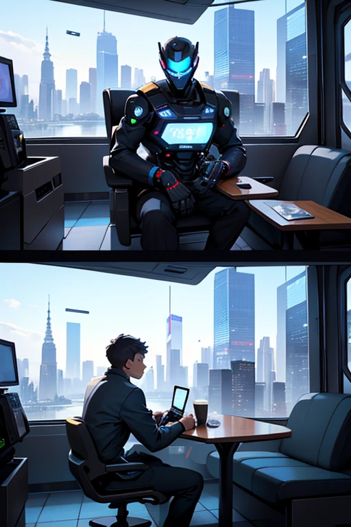 The main character, Ryan, wears modern-style clothes and walks around exploring an innovative city of the future.. The city is decorated with tall skyscrapers and cutting-edge technology., It is a symbol of innovation and development with a shining cityscape..
Ryan explores and communicates with a multi-functional AI robot through the city.. Robots have high intelligence and naturally recognize their surroundings., Interact with Ryan to explore technological advancements and the potential for human-machine collaboration.
Ryan visits a modern and luxurious coffee shop of the future. Here, robot baristas delicately prepare coffee for customers.. This cool-looking robot barista uses cutting-edge technology to serve the perfect coffee., Ryan ponders the relationship between technology and humans.
In the final scene, Ryan sighs while looking at the beautiful night view of the city.. In a scene with a wide view with a shining night view of the city,, Ryan becomes immersed in the thought that even if technology advances, the human mind and values will not change.. Amid all these developments and changes, Ryan ponders what is truly important., It makes you think deeply about the meaning of human existence..
This cartoon is about the coexistence of future technological development and humanity., It tells the story of the main character, Ryan, growing through various experiences and developing deep thoughts..Draw it with a 4-panel cartoon feel.