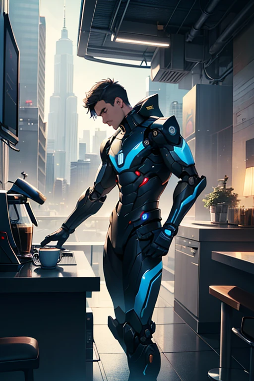 The main character, Ryan, wears modern-style clothes and walks around exploring an innovative city of the future.. The city is decorated with tall skyscrapers and cutting-edge technology., It is a symbol of innovation and development with a shining cityscape..
Ryan explores and communicates with a multi-functional AI robot through the city.. Robots have high intelligence and naturally recognize their surroundings., Interact with Ryan to explore technological advancements and the potential for human-machine collaboration.
Ryan visits a modern and luxurious coffee shop of the future. Here, robot baristas delicately prepare coffee for customers.. This cool-looking robot barista uses cutting-edge technology to serve the perfect coffee., Ryan ponders the relationship between technology and humans.
In the final scene, Ryan sighs while looking at the beautiful night view of the city.. In a scene with a wide view with a shining night view of the city,, Ryan becomes immersed in the thought that even if technology advances, the human mind and values will not change.. Amid all these developments and changes, Ryan ponders what is truly important., It makes you think deeply about the meaning of human existence..
This cartoon is about the coexistence of future technological development and humanity., It tells the story of the main character, Ryan, growing through various experiences and developing deep thoughts..Draw it with a 4-panel cartoon feel.