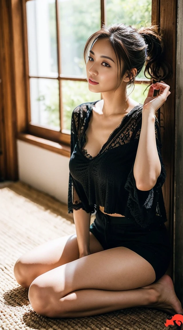Dark brown hair、Light brown eyes、Japanese actress、 Lady、I am about 40 years old...........、(Intricate details:1.2)、 (Ultra-high resolution:1.2)、Ultra-high resolution、(Finely tuned)、(Detailed facial features)、Hmph、8K resolution、D cup size breasts、Long Hair、Bright terrace room with sunlight streaming in、Large windows、Extravagant space、relax、、,Full body photo、Head to toe shot、Beautiful feet、black　Loose fit openwork T-shirt、Underwear shorts、Beautiful feet、Bright terrace room with sunlight streaming in、she, household items,   (plant:0.8), Fashion Hub, Very detailed, Very detailed, Realistic, Hourglass Shaped Body, Obscene pose,、Messy Hair、Messy ponytail、Leaning against a wall、I cry a lot、tears、Skin is visible through the knit、summer、A masterpiece of transparent painting、