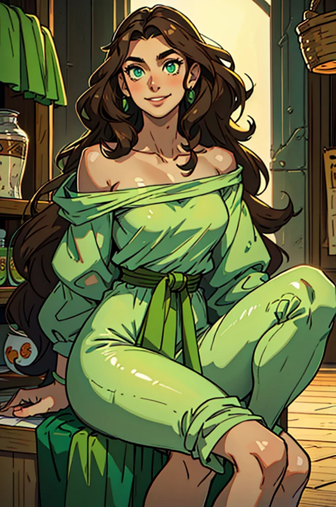 Women, 165 cm, slim, Brown hair, wavy hair, shoulder hair, green eyes, large eyes, soft skin, clear skin, Oval face, small nose, round mouth, smiling, Upright and confident posture, High shoulders, pieranas slims, long legs, wide ankles, small feet, modern but casual clothing