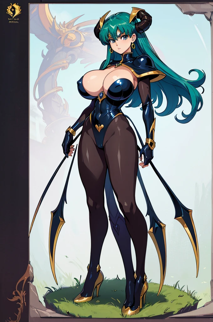 (masterpiece, best quality, high resolution, ((full body, standing,))((huge breasts)) the scorpion black sign of the fantasy zodiac, Magic Knight Rayearth style very powerful, full body